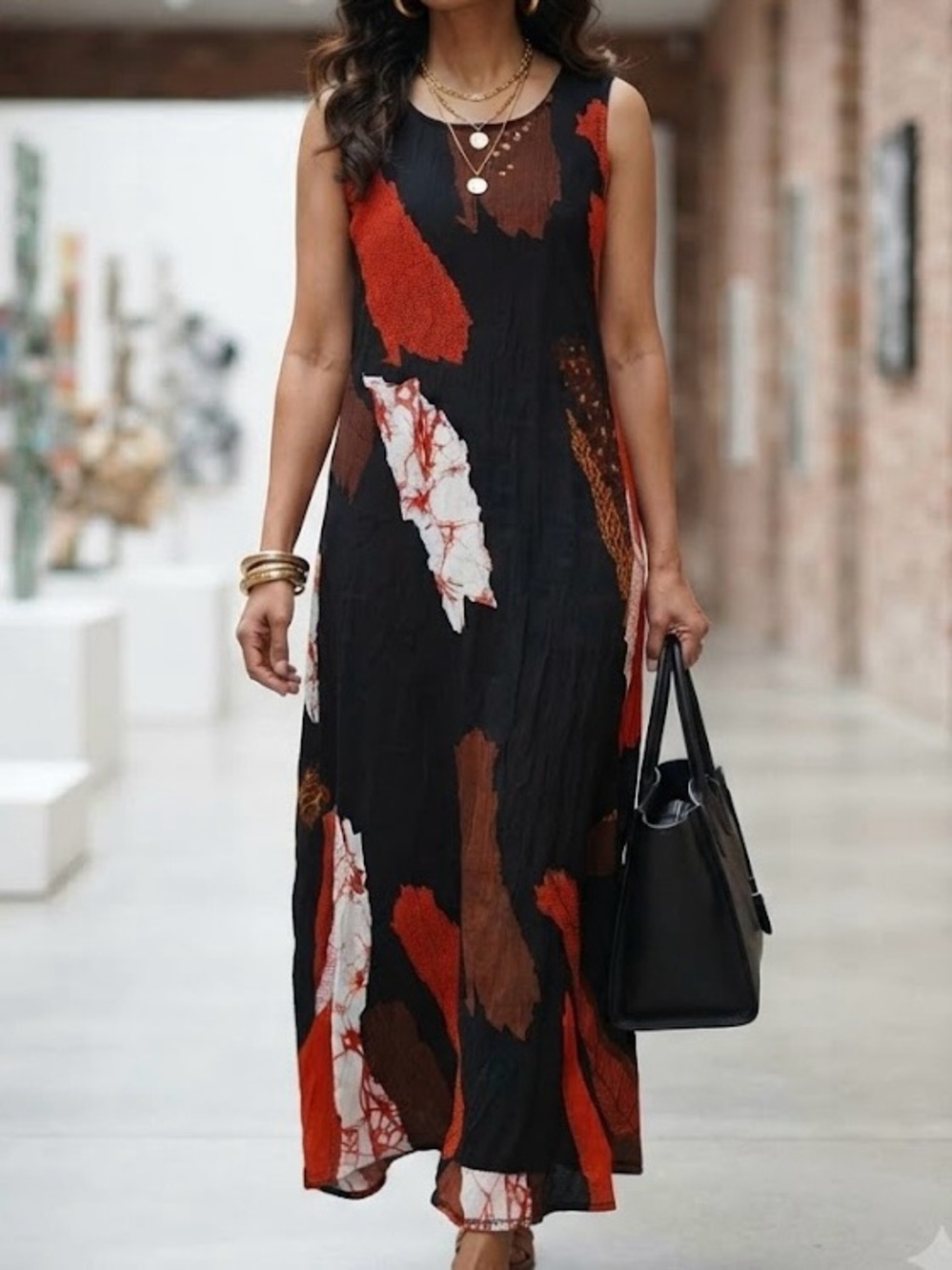 Co-Co Sleeveless Abstract Maxi Dress Rust Orange Crinkle Fabric Boho Luxury